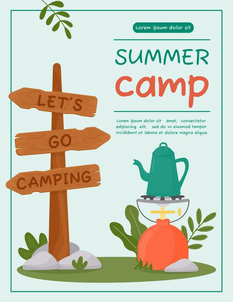 a4 poster voor zomer camping, reis, reis, hiking, toerist, natuur, reis, picknick. ontwerp van een poster, banier, brochure, omslag, speciaal bieden, advertentie. vector illustratie in een vlak stijl.