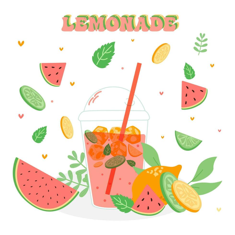 limonade en watermeloen drinken in een kruik en een glas met plakjes van citroen en ijs. vector illustrator