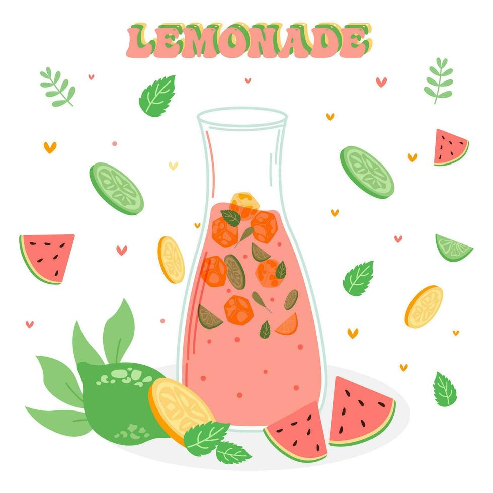 limonade en watermeloen drinken in een kruik en een glas met plakjes van citroen en ijs. vector illustrator