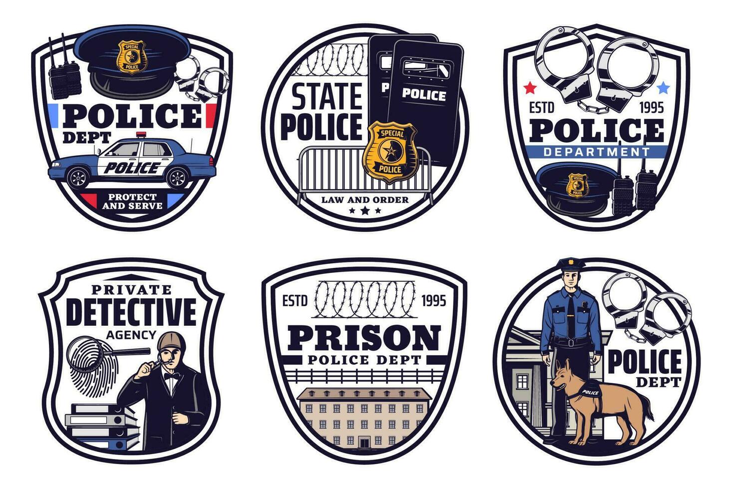 politie, detective, gerechtigheid pictogrammen van wet en bestellen vector