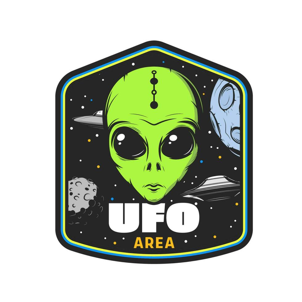 ufo Oppervlakte icoon of sticker met groen buitenaards wezen gezicht vector