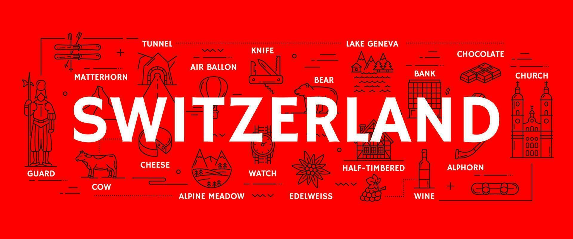 Zwitserland reizen pictogrammen, Zwitsers toerisme symbolen vector