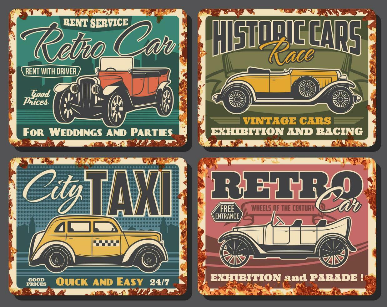 retro auto's huur, taxi onderhoud roestig bord vector