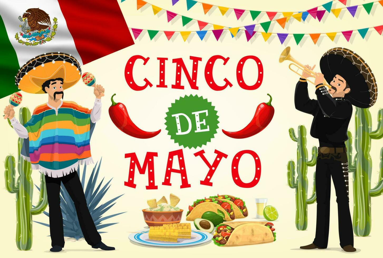 Mexicaans cinco de mayo feest mariachi en voedsel vector