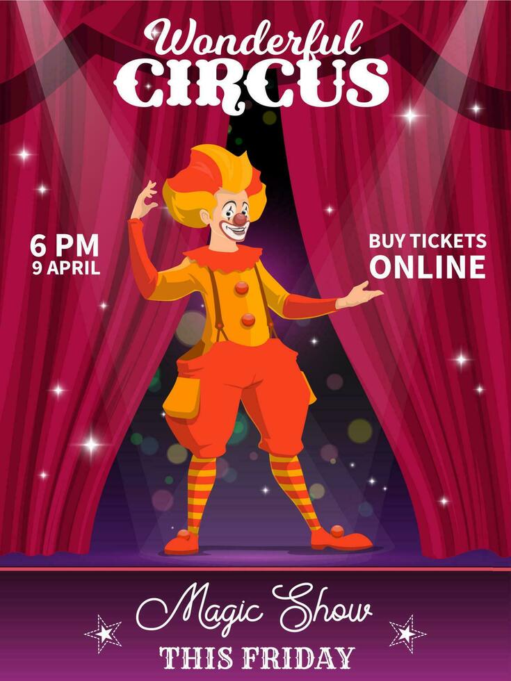 shapito circus poster, tekenfilm clown karakter vector