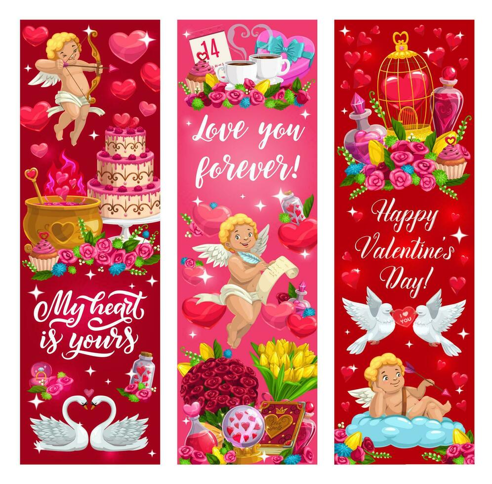 Valentijn dag liefde harten, bloemen en engelen vector