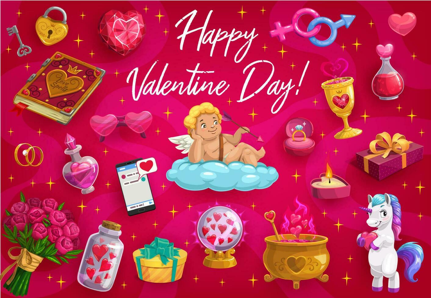 valentijnsdag dag liefde harten, Cupido engel, eenhoorn vector