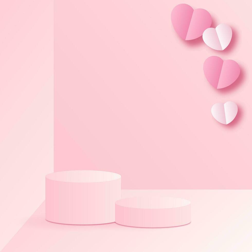 podium roze 3d achtergrond met papier hart voor Valentijn vector