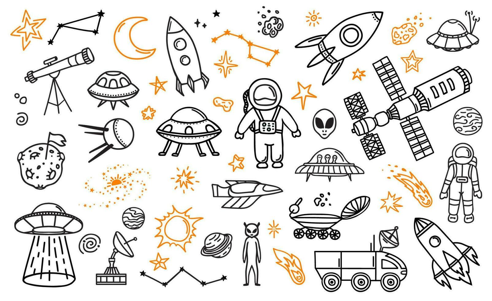 tekening ruimte planeten, astronauten, ruimteschip, komeet vector