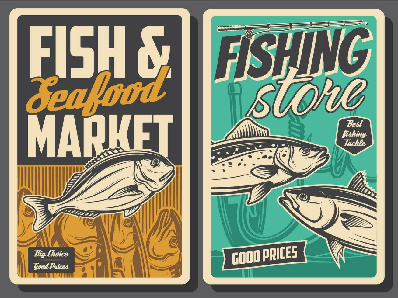 retro affiches, vis op te slaan en zeevruchten markt vector