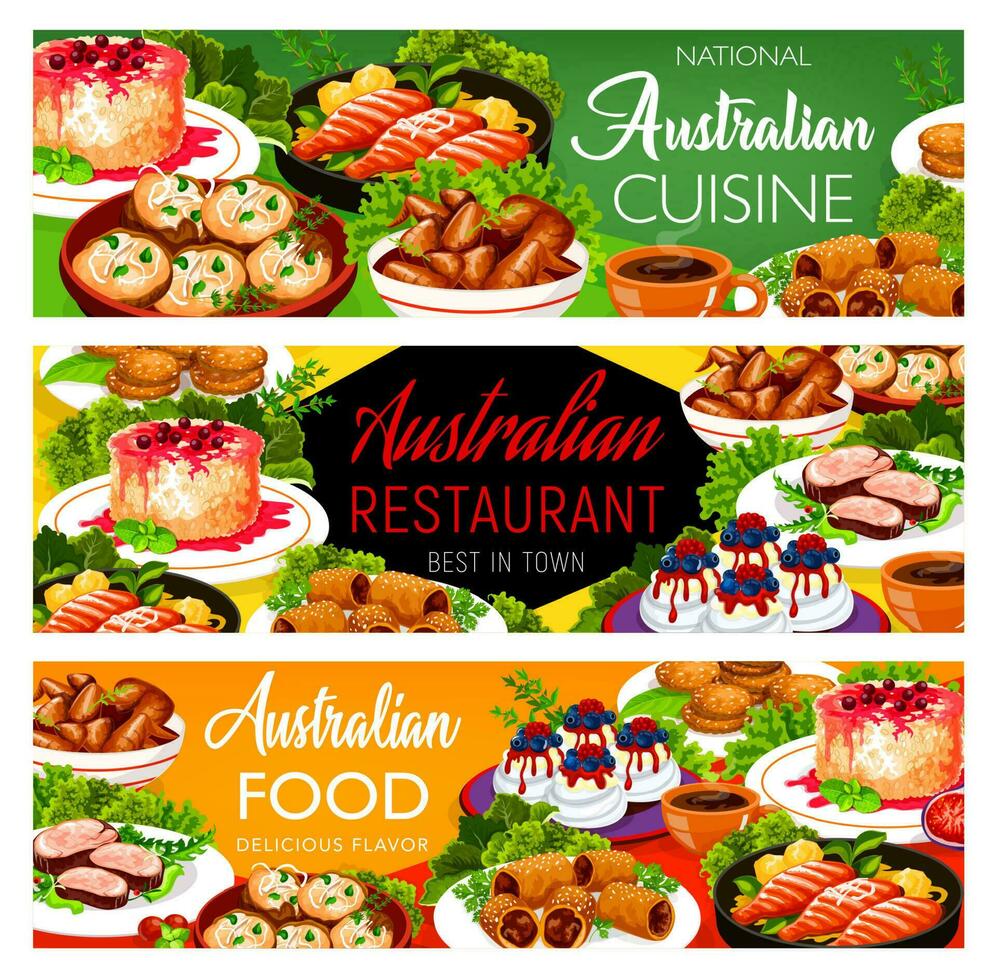 Australisch keuken voedsel borden, maaltijden menu vector