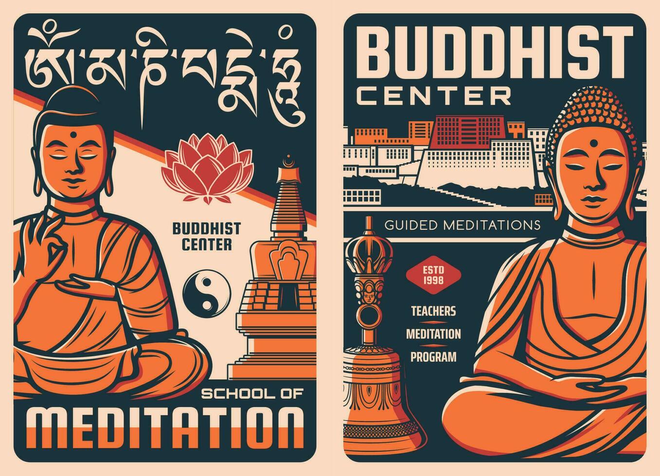 boeddhistisch centrum, Boeddhisme religie retro posters vector