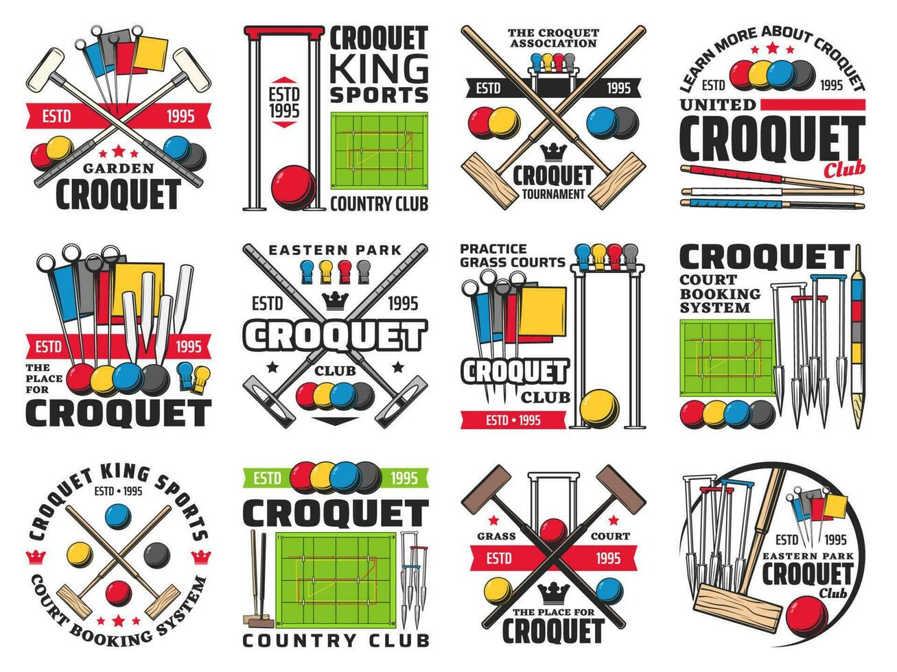 croquet club, rechtbank reservering en toernooi pictogrammen vector