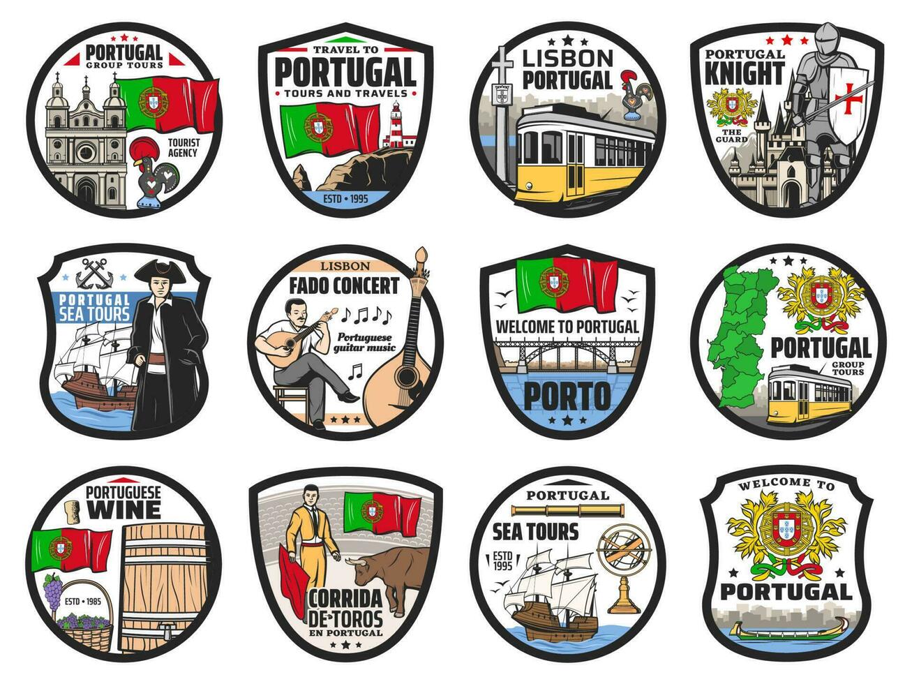 Portugal reizen en mijlpaal vector pictogrammen