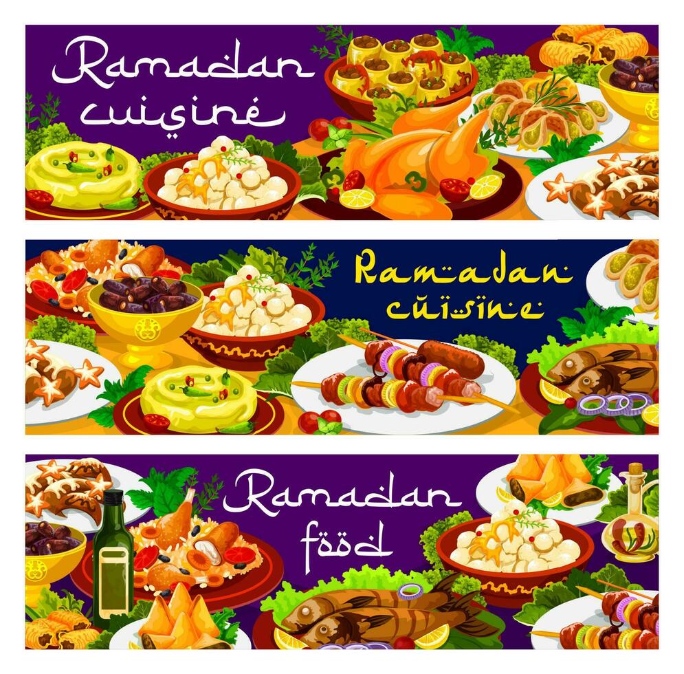 Ramadan voedsel, iftar biryani eid mubarak maaltijden menu vector