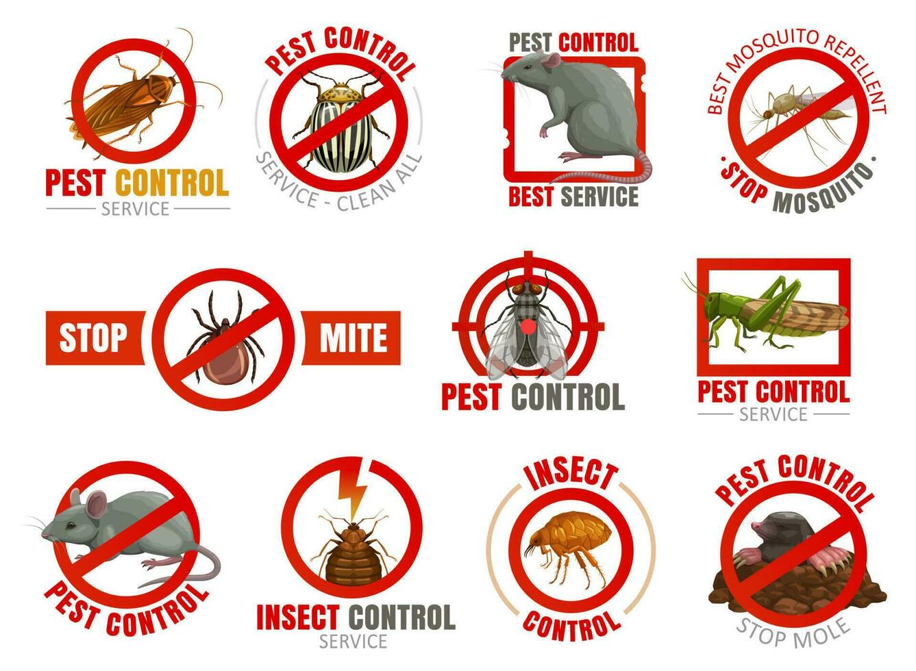 plaag controle pictogrammen met insecten en dieren vector