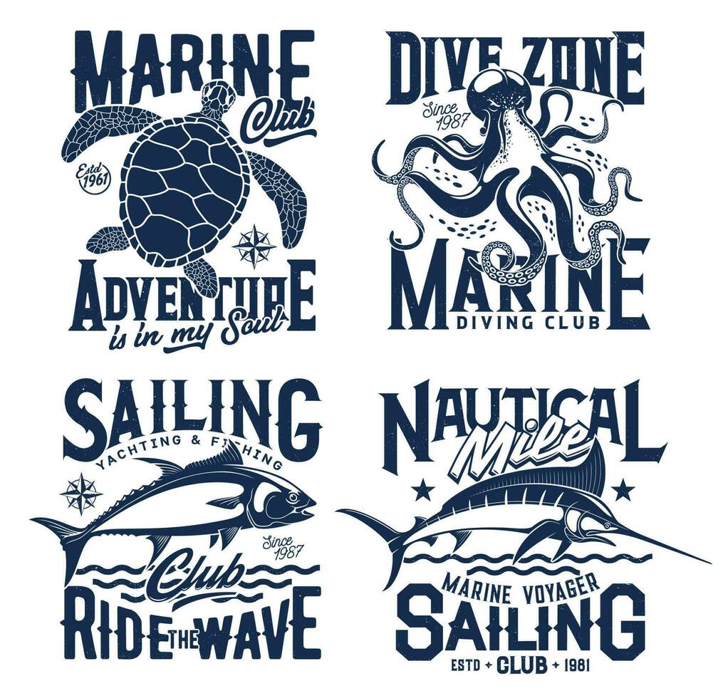 nautische marinier t overhemd afdrukken, zee golven, schildpad vector