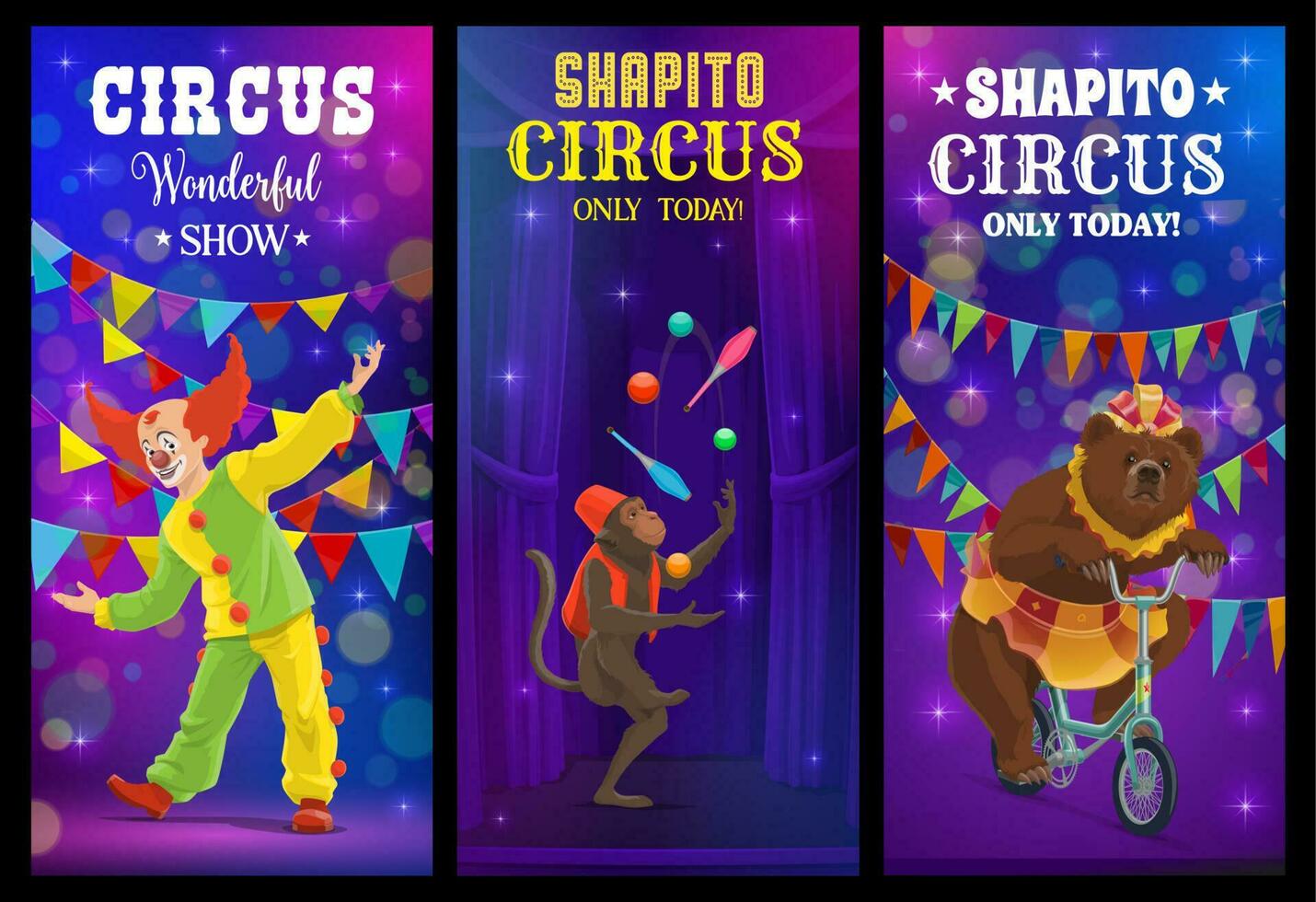 shapito circus tekenfilm clown en dieren banier vector