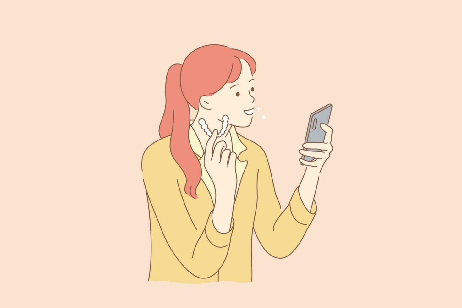 schoonheid, mode, oorbellen, sieraden concept. jong gelukkig glimlachen vrouw meisje tekenfilm karakter proberen tonen Bij smartphone nieuw oorbellen. buying modieus bijouterie en luxe levensstijl illustratie. vector