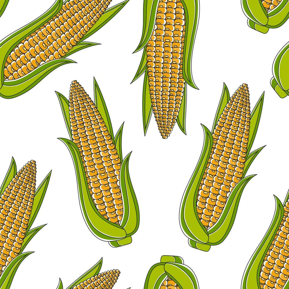 naadloos patroon met geel maïskolven en groen bladeren. rijp maïs groenten. vector illustratie.