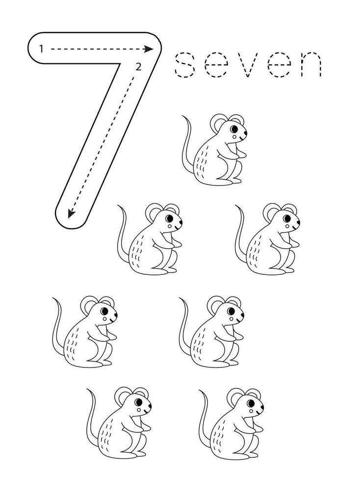 geheugenkaart aantal 7. peuter- werkblad. schattig tekenfilm muizen. vector