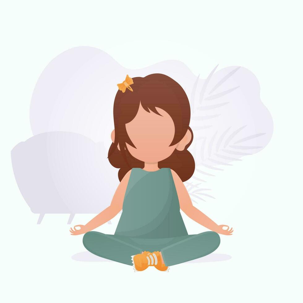 weinig meisje is aan het doen yoga. kinderen meditatie. vector illustratie in tekenfilm stijl.