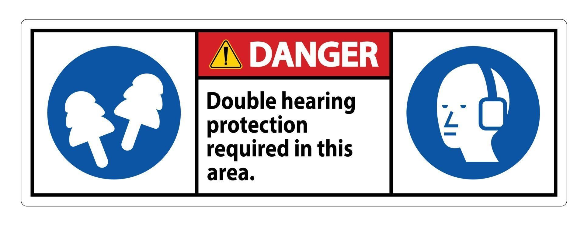 gevaarsteken dubbele gehoorbescherming vereist in dit gebied met gehoorkappen en oordopjes vector