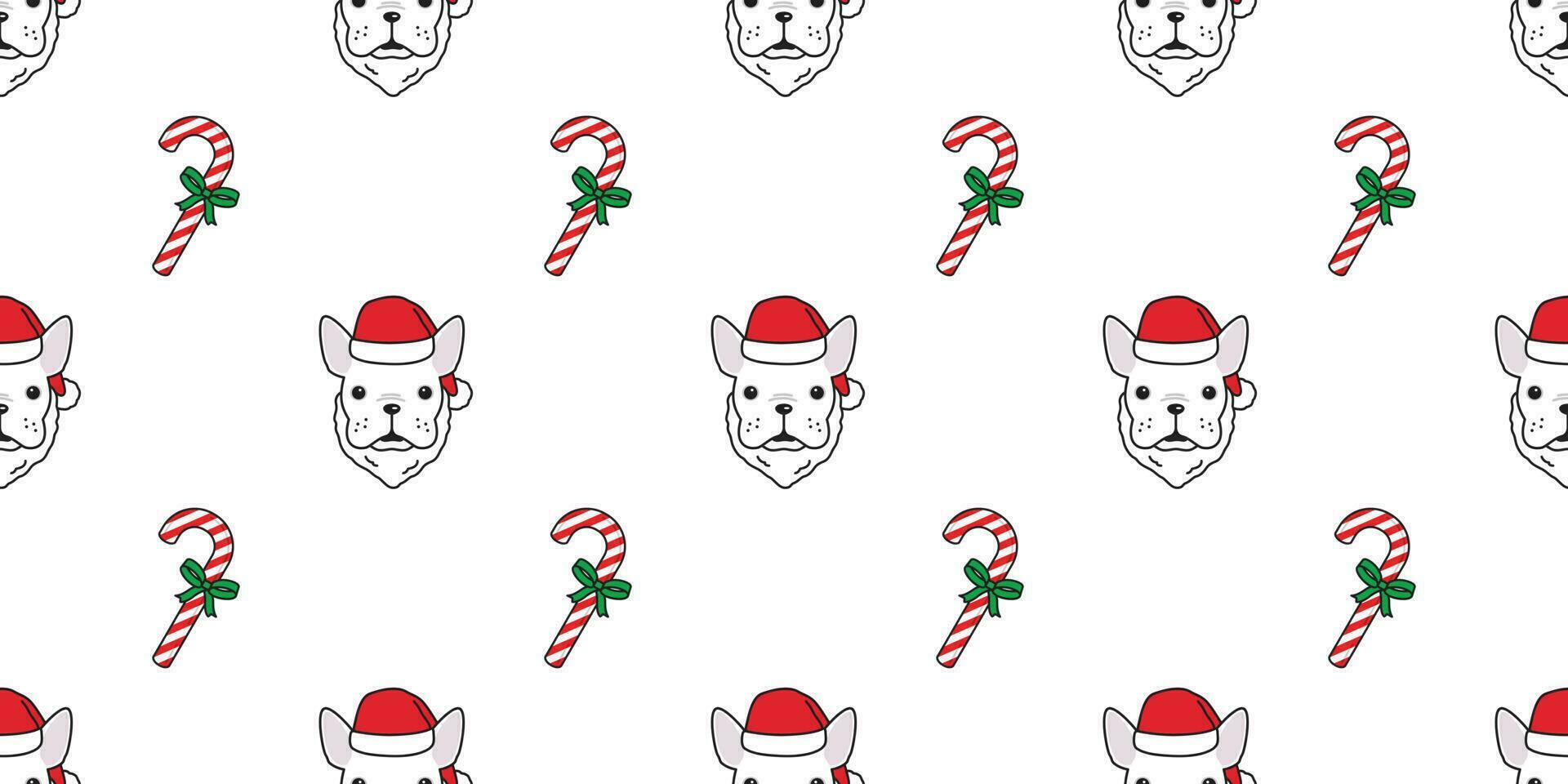 hond naadloos patroon Kerstmis vector Frans bulldog de kerstman claus geschenk snoep riet