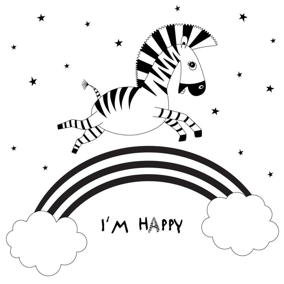 tekenfilm dieren. kleine schattige baby zebra vliegen en glimlachen. regenboog, wolken en sterren. sjabloonontwerp voor stof, envelop, voor kinderen, vakantiedecor. vector