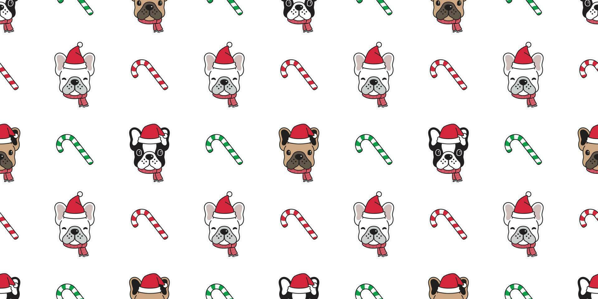 hond naadloos patroon Kerstmis vector Frans bulldog de kerstman claus Kerstmis hoed snoep riet sjaal tekenfilm illustratie geïsoleerd tegel achtergrond herhaling behang
