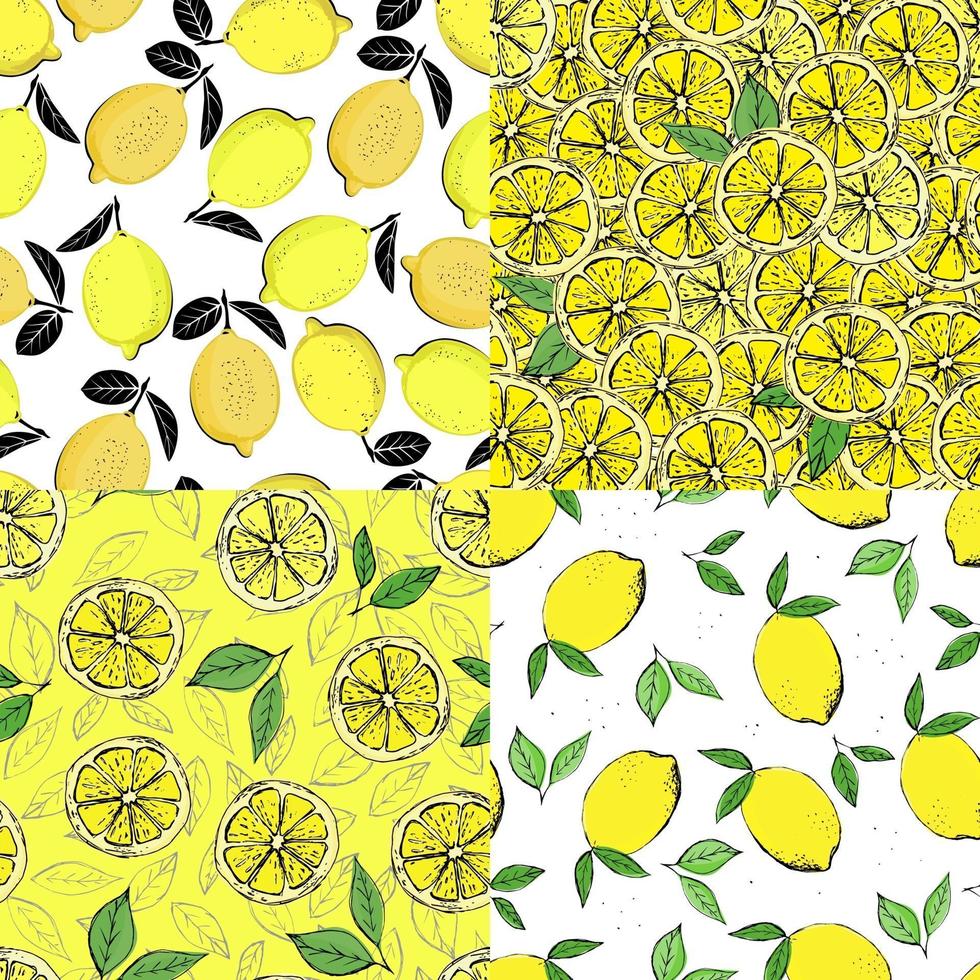 set van citrus naadloze patronen. hand getrokken kleurrijke naadloze patroon van hand getrokken citroenen en groene bladeren. perfect voor het vervaardigen van behangposters voor textiel. vector