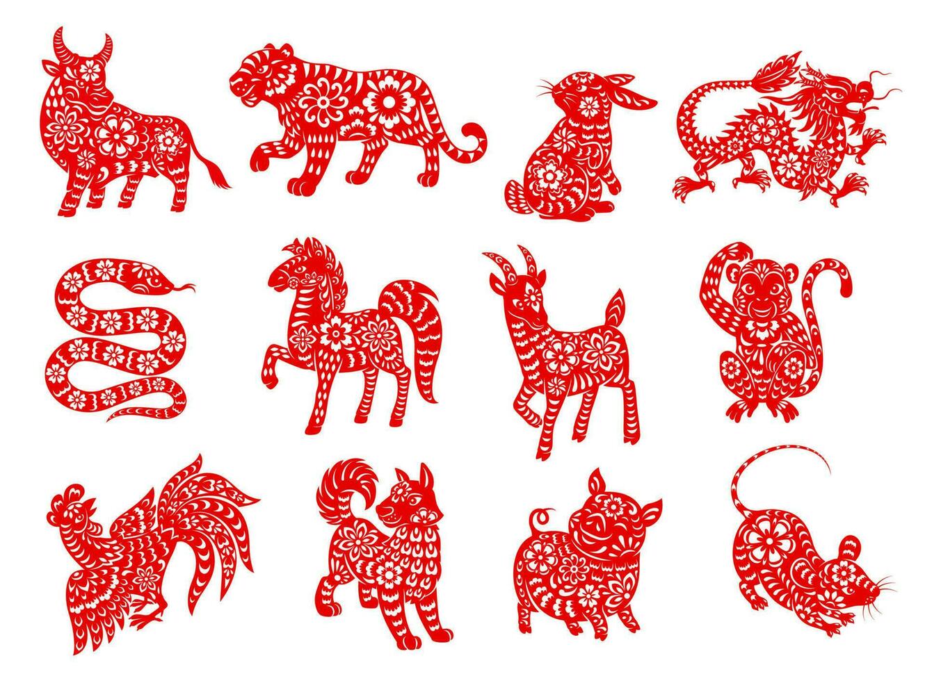 Chinese dierenriem horoscoop dieren, papercut tekens vector