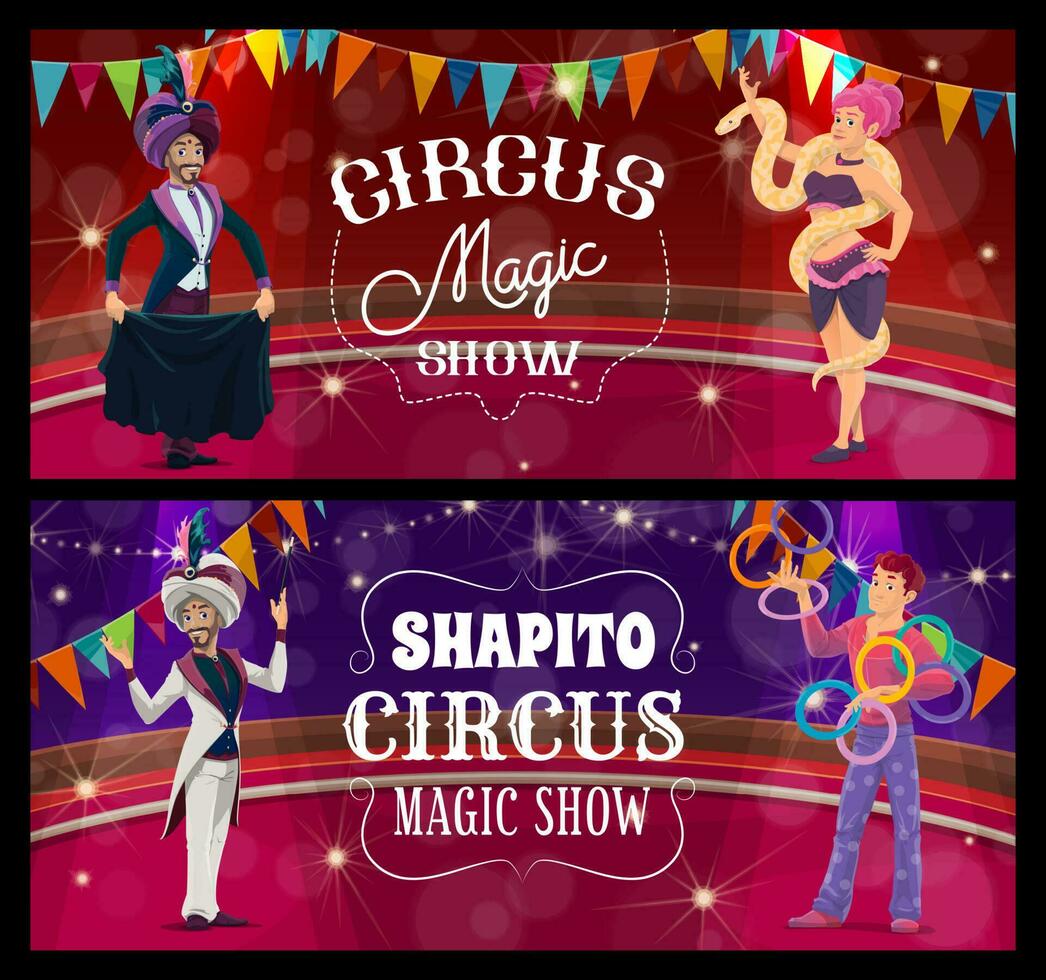 shapito circus fase, goochelaar en jongleur banners vector