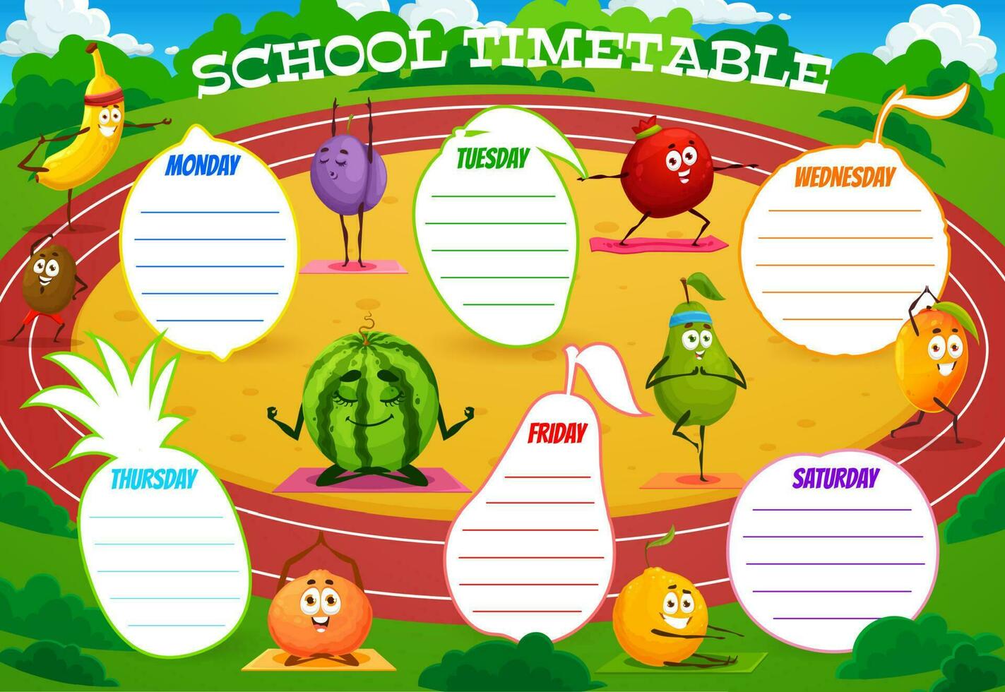 school- rooster schema tekenfilm fruit Aan yoga vector