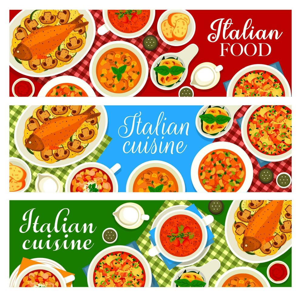 Italiaans voedsel, Italië keuken tekenfilm vector banners