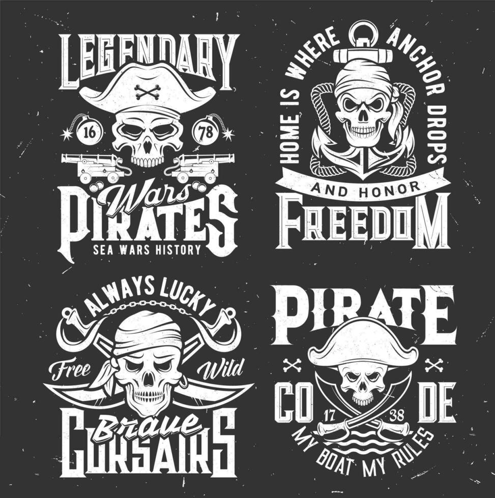 piraat schedel hoed t-shirt afdrukken, anker en zwaard vector
