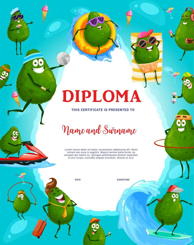 kinderen diploma met tekenfilm gelukkig avocado tekens vector