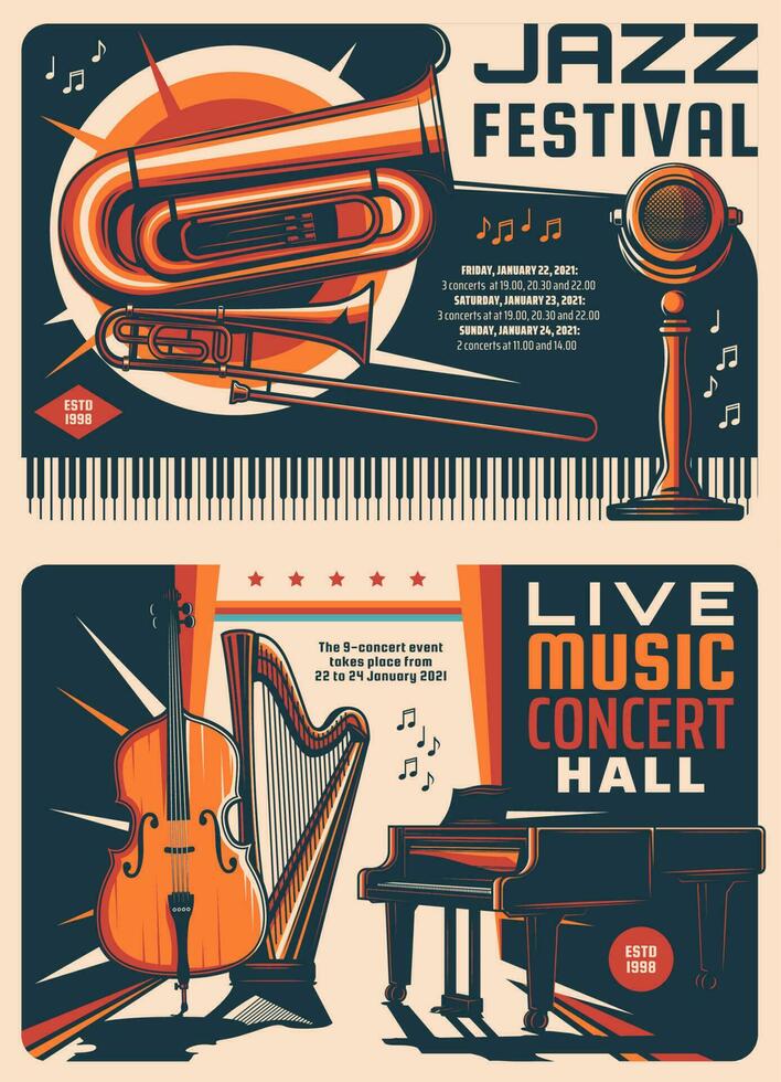 jazz- festival en muziek- concert retro posters vector
