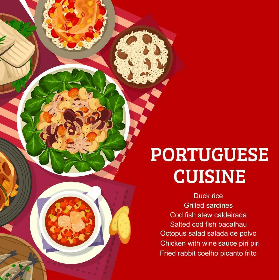 Portugees voedsel zeevruchten maaltijden menu vector Hoes