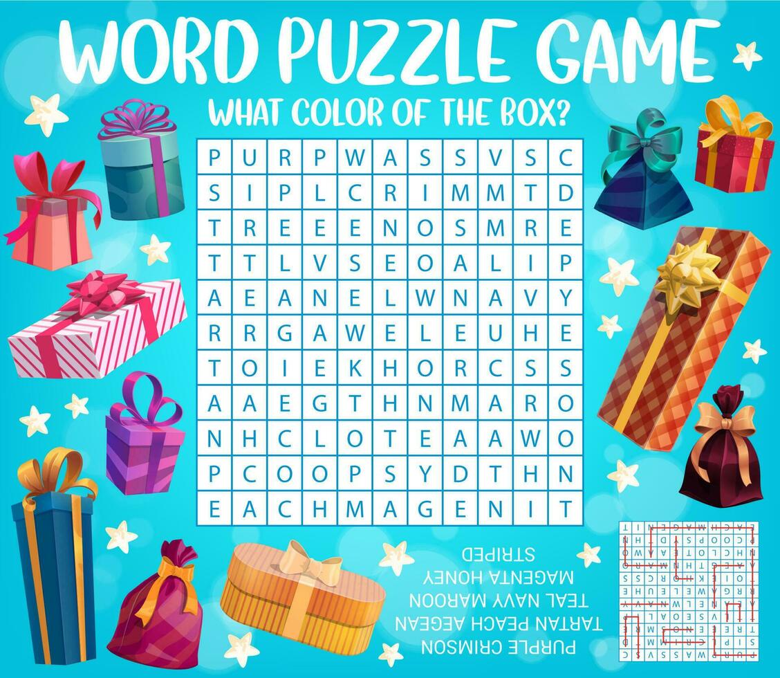 kerstmis, verjaardag cadeaus woord zoeken puzzel spel vector