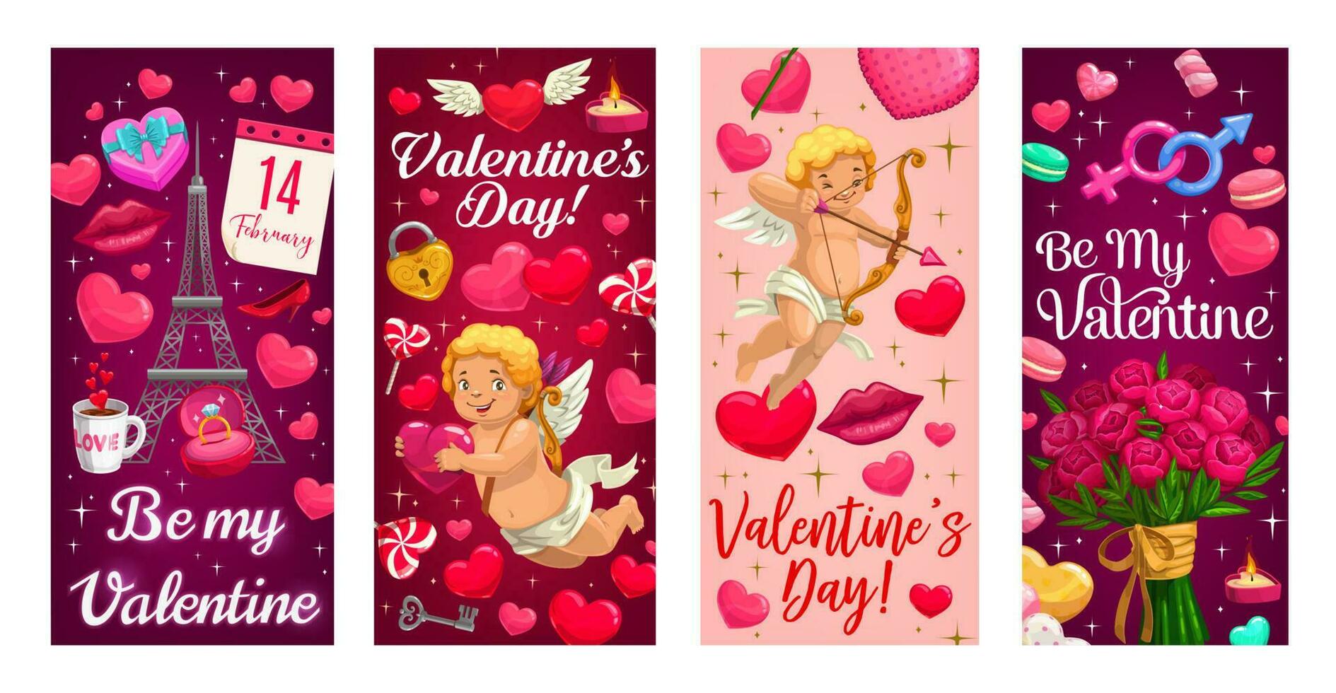 Cupido, valentijnsdag dag geschenk en harten banners vector