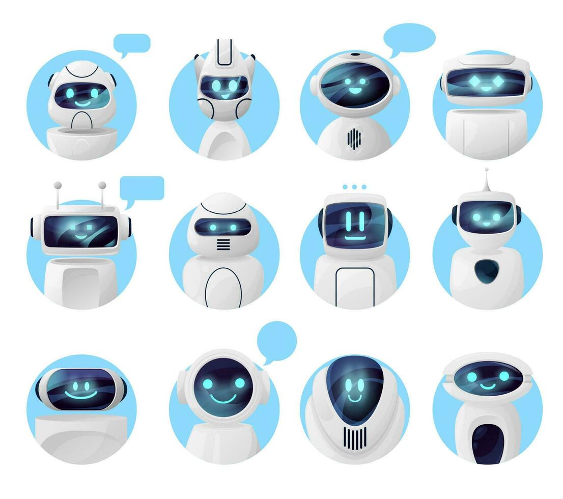 babbelen bot pictogrammen, Chatbot robots met bericht bubbel vector