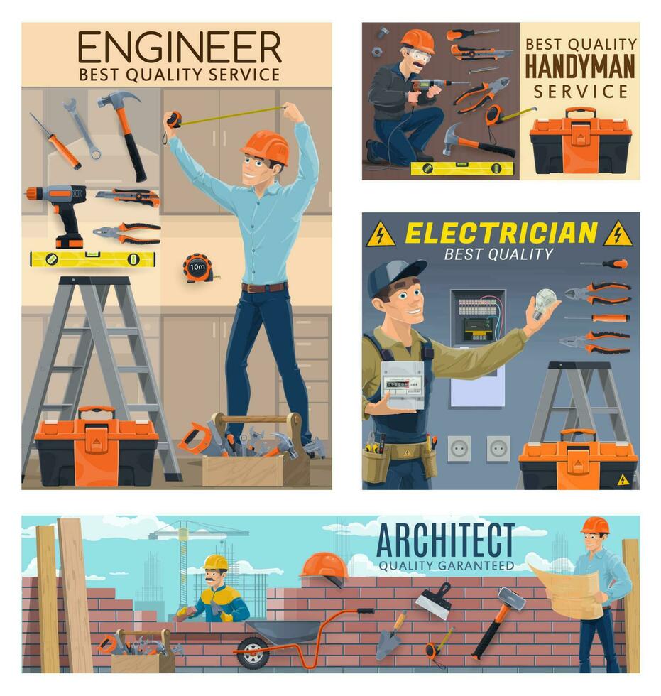 bouwer ingenieur architect, elektricien arbeiders vector