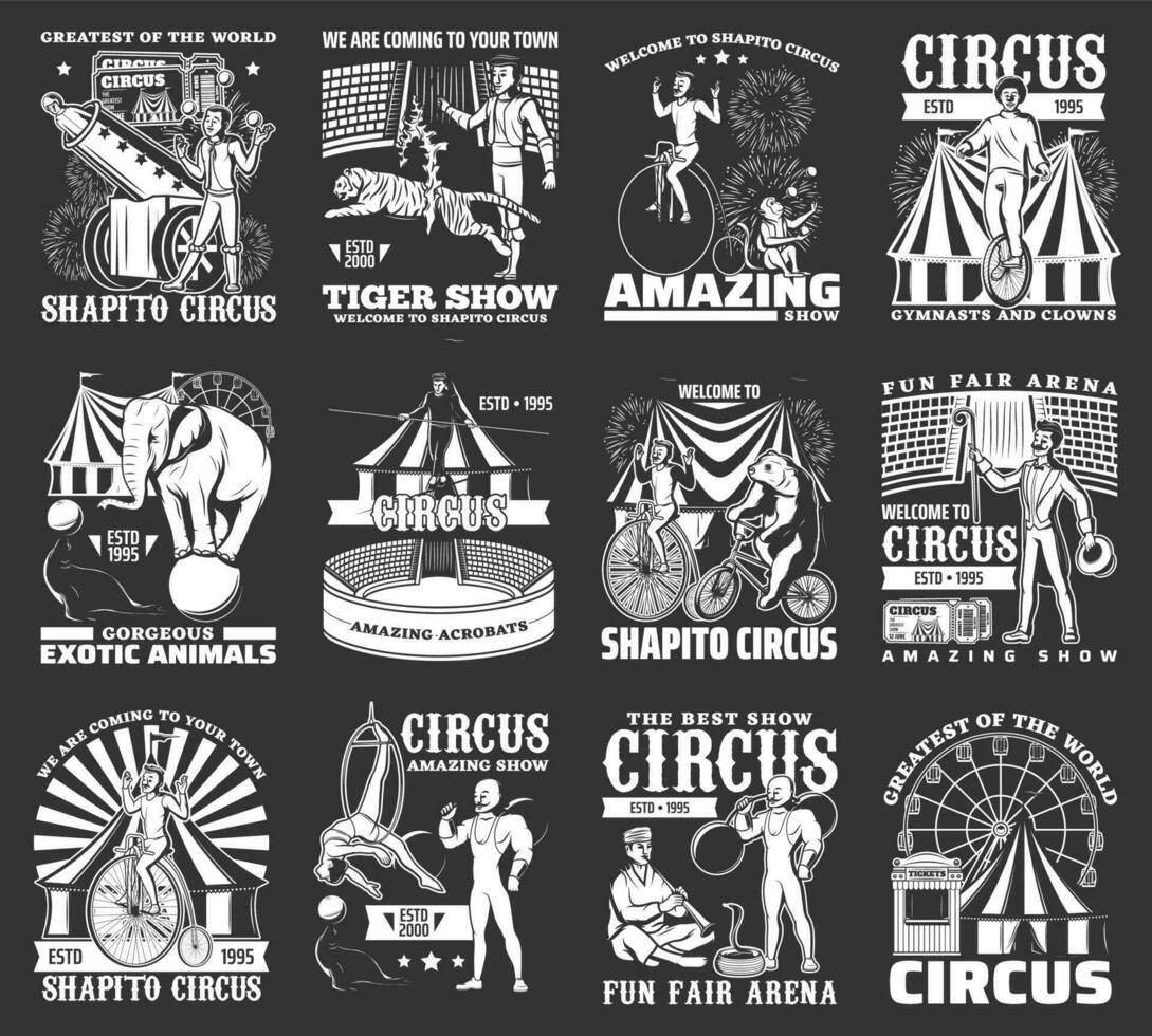circus pictogrammen monochroom, kermis carnaval wijnoogst vector