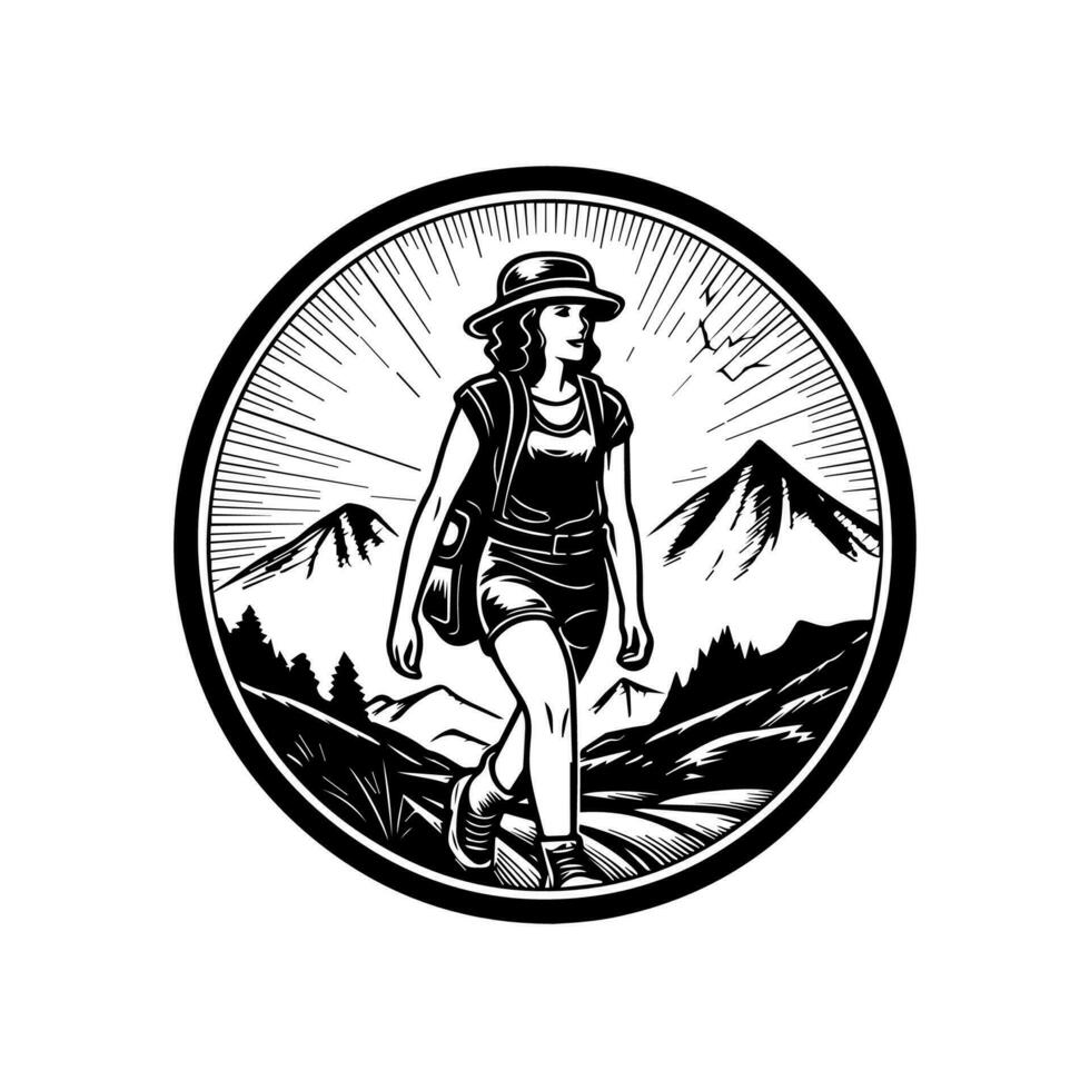 wandelen logo ontwerp met een berg top en trekking palen. perfect voor avontuur en buitenshuis merken vector