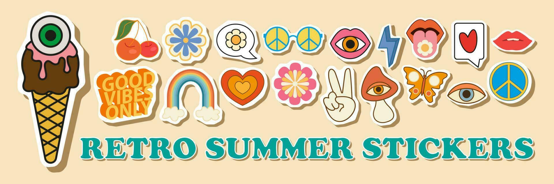 groovy hippie Jaren 70 zomer sticker icoon set. grappig gelukkig tekenfilm bloem, regenboog, vrede, liefde, hart, madeliefje, paddestoel enz. modieus trippy retro tekenfilm stijl. hippie jaren 60, jaren 70 stijl. vector