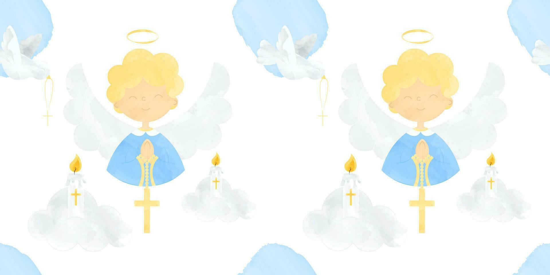 naadloos patroon voor doop in waterverf stijl schattig engel jongen in feestelijk kleding met gevouwen handen Aan de borst voor gebed en een kruis wolk en kaars vector illustratie