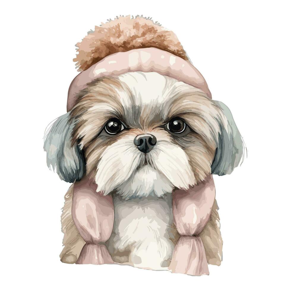waterverf shih tzu puppy met katoen hoed, en sjaal vector