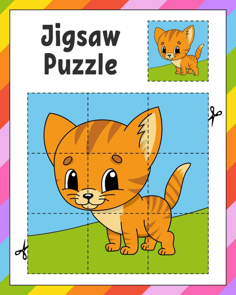 puzzel spel voor kinderen. decoupeerzaag stukken. kleur werkblad. werkzaamheid bladzijde. tekenfilm stijl. vector illustratie.