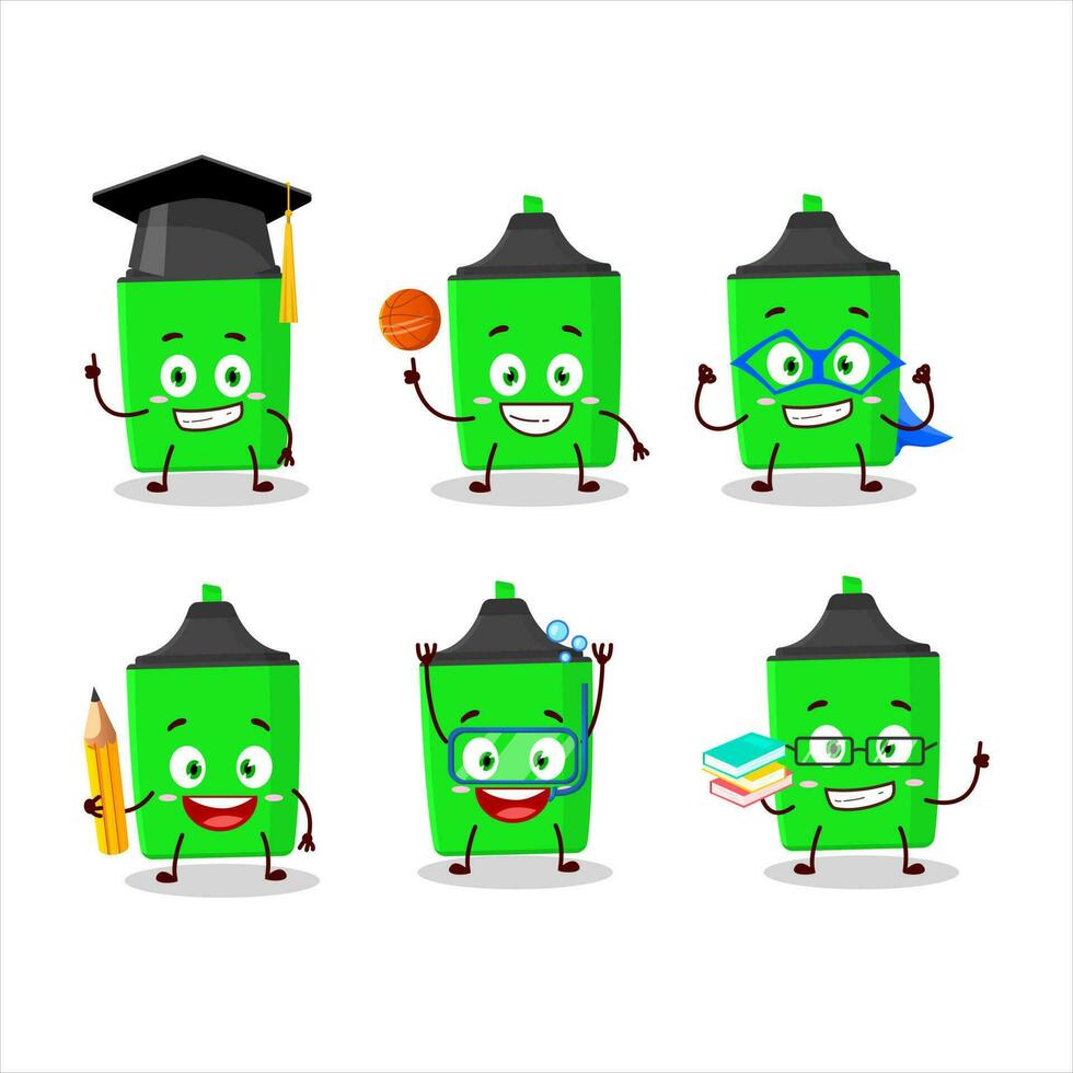 school- leerling van nieuw groen markeerstift tekenfilm karakter met divers uitdrukkingen vector